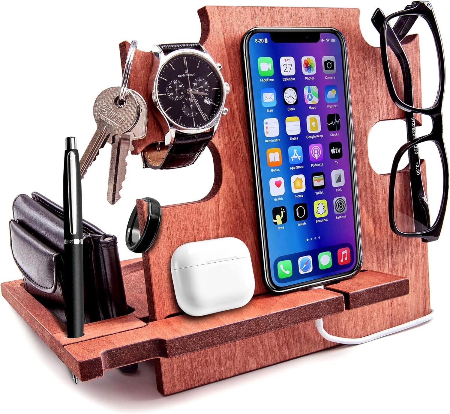 Greta Oto Wooden Desk Organizer Docking Station for Men Nightstand Holder Brown