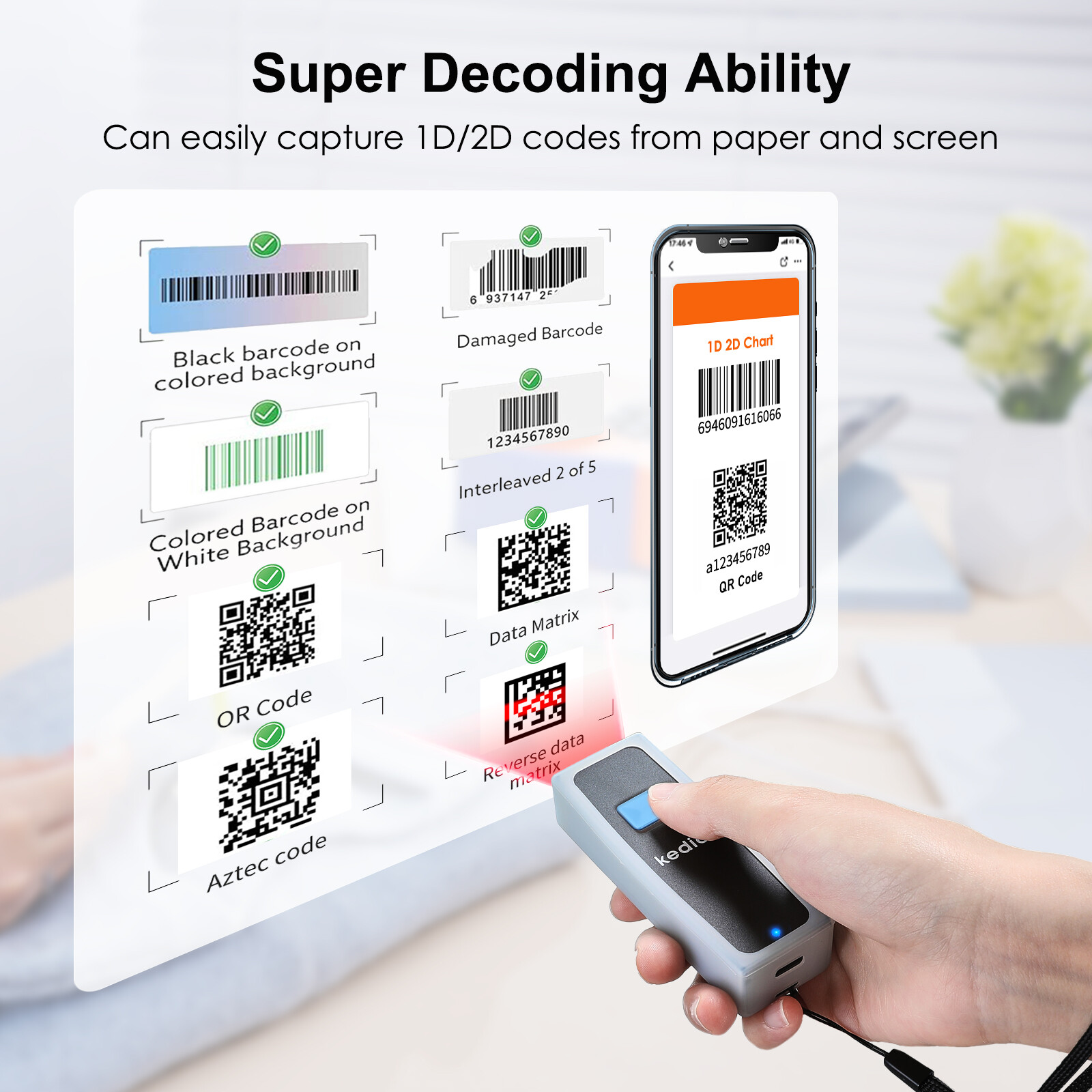 Kedida KDA004 2D 1D QR Wireless Barcode Scanner USB Code Scanner for