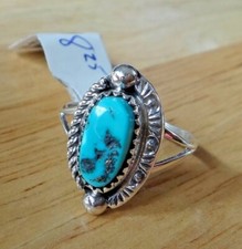 size 8.25 Sterling Silver 12x20mm Navajo oval Blue Turquoise 2mm wide band Ring