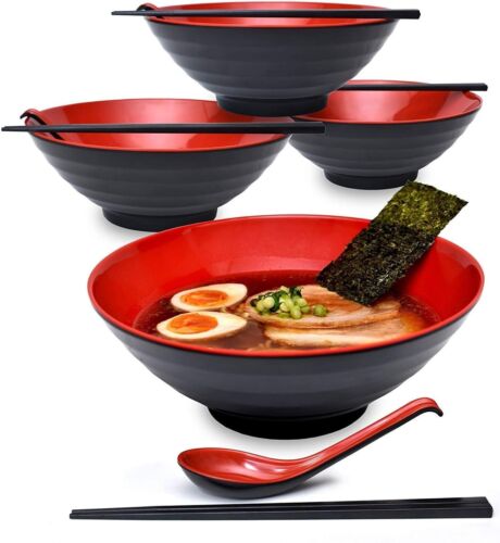 4 Sets (12 Piece) Large Japanese Ramen Noodle Soup Bowl Dishware Set 4, Red - Picture 1 of 6