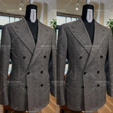 Houndstooth Men's Suit Offical Double Breasted Business Warm Jacket Formal 2Pcs
