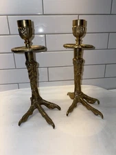 Vintage Pair 1999 Maitland-Smith Brass Candlestick Holders Eagle Pheasant Claw