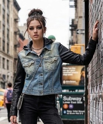 JET John Eshaya Denim Jacket Leather Sleeves & Hood Blue Jean Trucker Small P/S