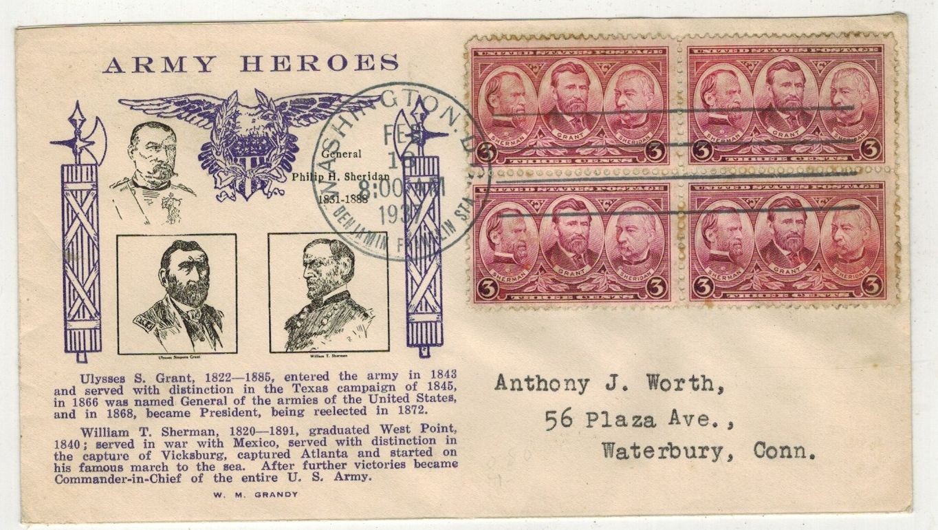 1937 GRIMSLAND ARMY HEROES GRANT SHERMAN SHERIDAN 787-13 GRANDY BLOCK OF 4