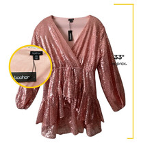 Boohoo Pink Sequin Mini Dress 18 V-Neck Balloon Long Sleeve Lined NWT
