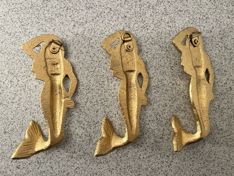 Juego de 3 ganchos de pared de hierro fundido sirena dorada náutica costa playa decoración del hogar Foto 2 de 4