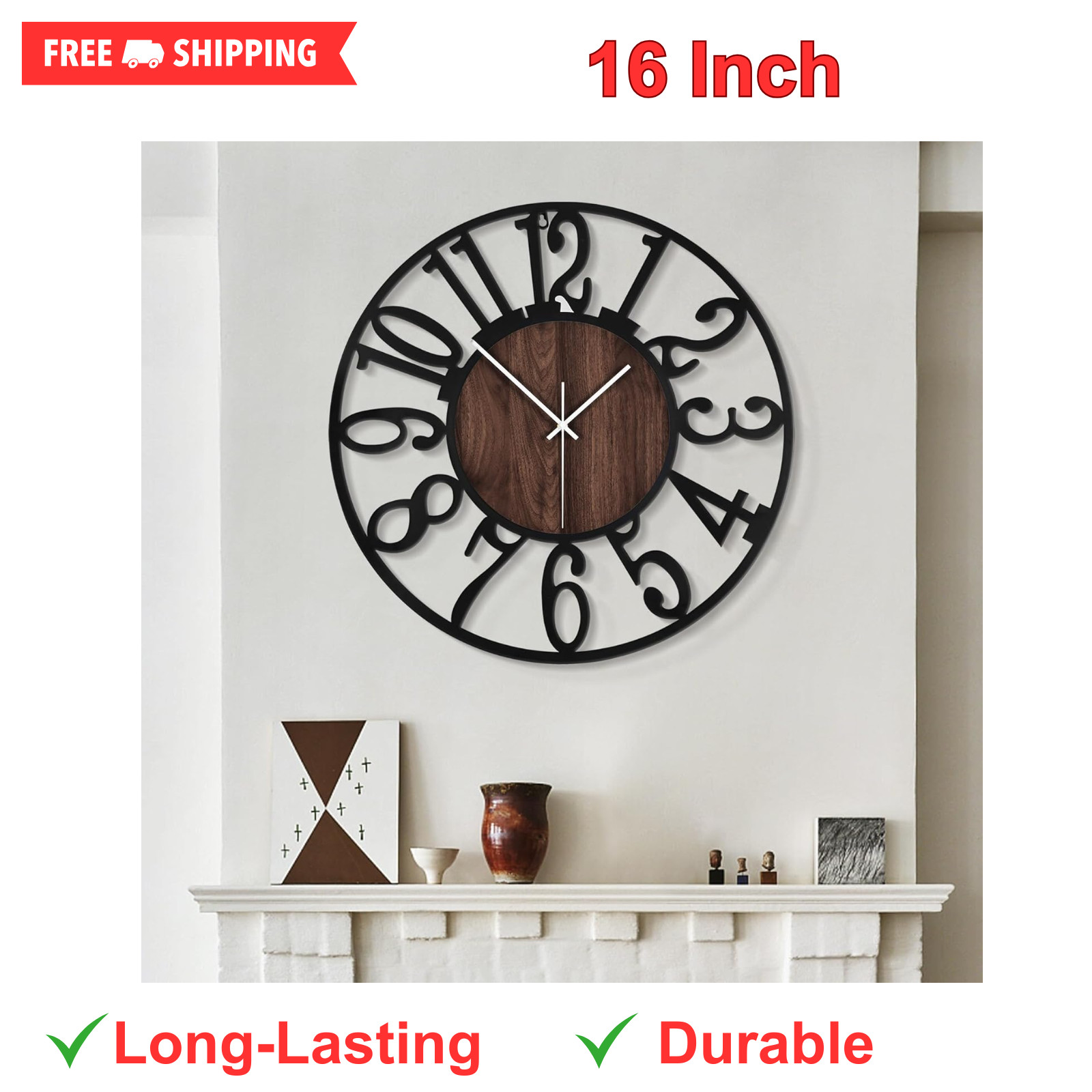 Large Wall Clock,Silent,Non Ticking,Battery Operate Rustic Round Modern Big Wood