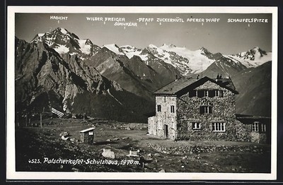 AK Patscherkofel-Schutzhaus, Gesamtansicht mit Habicht, Wilder Freiger und Pfaf 