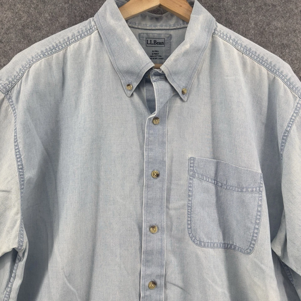 LL Bean Chambray Shirt Mens XLT Light Blue Short Sleeve Button Down Outdoors - Image 2 of 4
