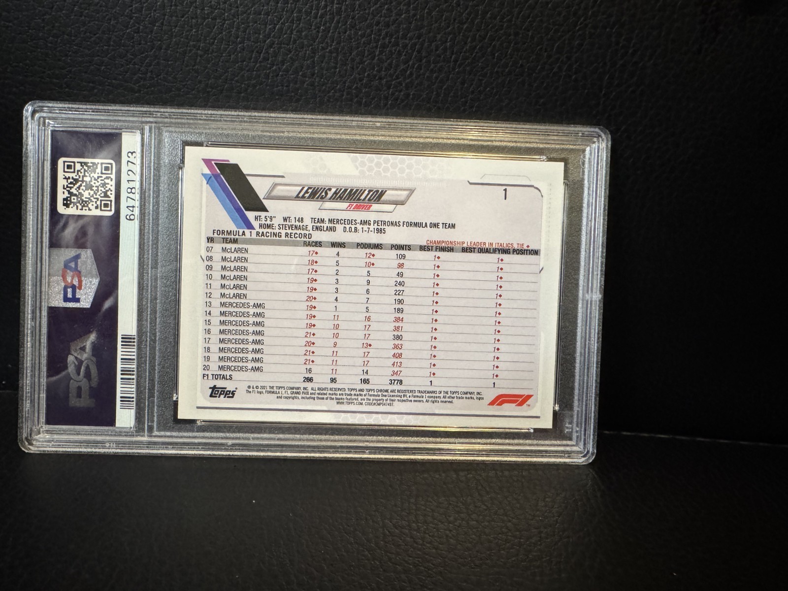 2021 Topps Chrome F1 Formula 1 Lewis Hamilton Portrait #1 PSA 10 GEM MINT view 2