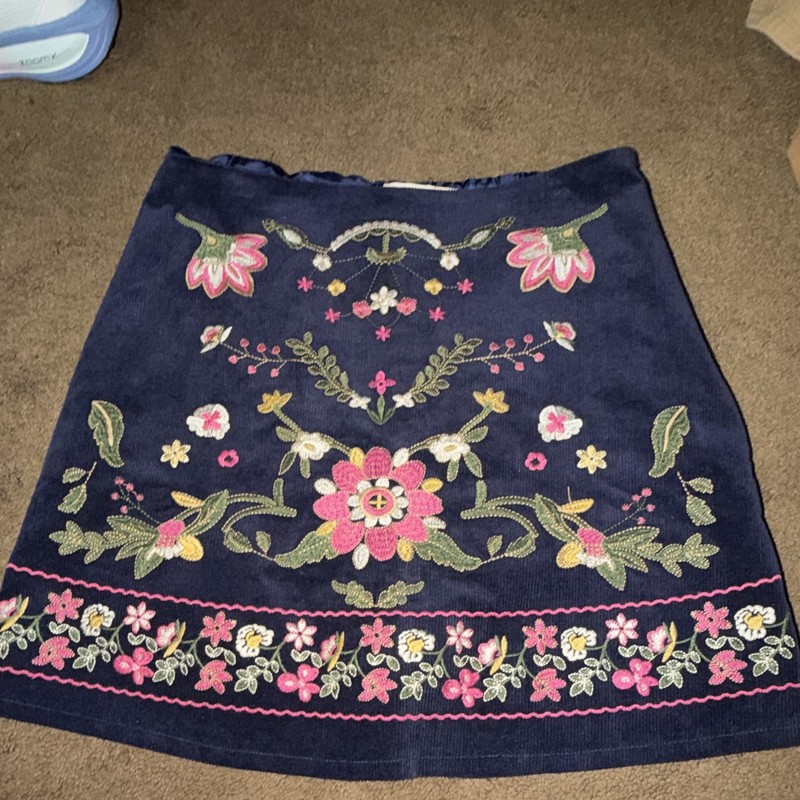 Harper Heritage Blue Corduroy Floral Embroidered A-Line Short Skirt Women L