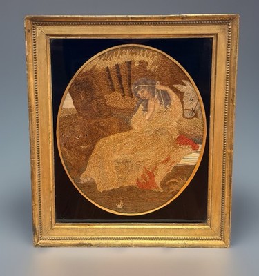 Antique Georgian Silk Work Embroidery, Woman with Lion & Donkey, 18thC