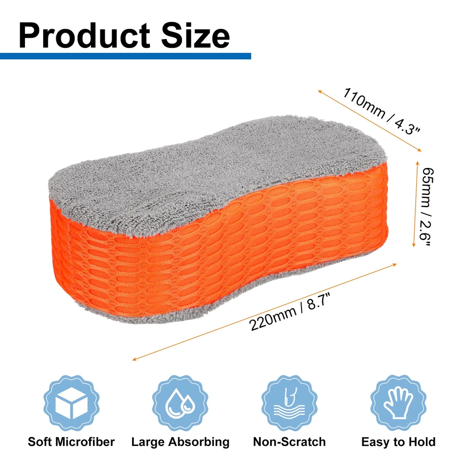 2pcs Microfiber Car Wash Sponge 8.7"x4.3" Non-Scratch Foam Applicator Orange Foto 2 de 4