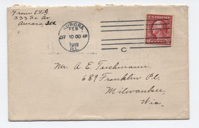 1913 Aurora IL time-marking machine cancel cover 2ct WF [s.6412]