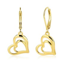 14K Gold Heart Dangle Earrings for Women, Double Heart Dangle leverback Earri...