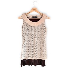 Ladies Beige Lace Dress Pleasted Trim Sleeveless Lined Summer Size Small, 8-10