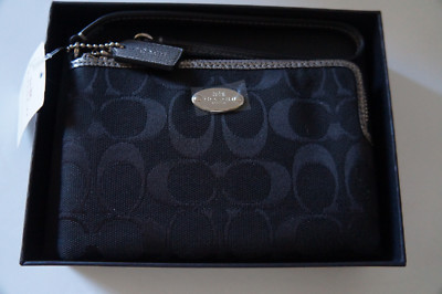 NWT Coach Black Silver Signature Jacquard Corner Zip