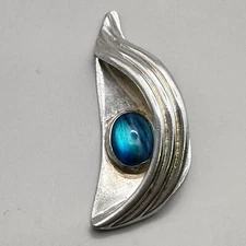 Modernist Detailed Slide Pendant Blue Glass Cabochon Signed Sterling Silver