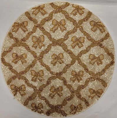 TAHARI HOME White Gold Bows Beaded Christmas 15" Placemat Charger NEW