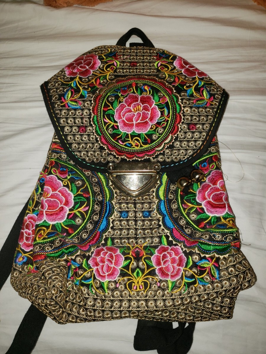 Bohemian Embroidered Rose Backpack Black Trim Multicolored Boho Gold Clasp Embroidered Bag Boho Backpack - Etsy main image 4