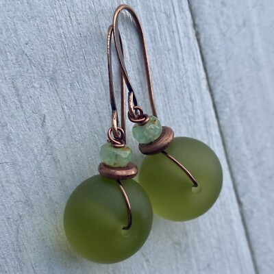 Min Favorit Olive Green Sea Glass Aqua Czech Glass & Copper Artisan Earrings