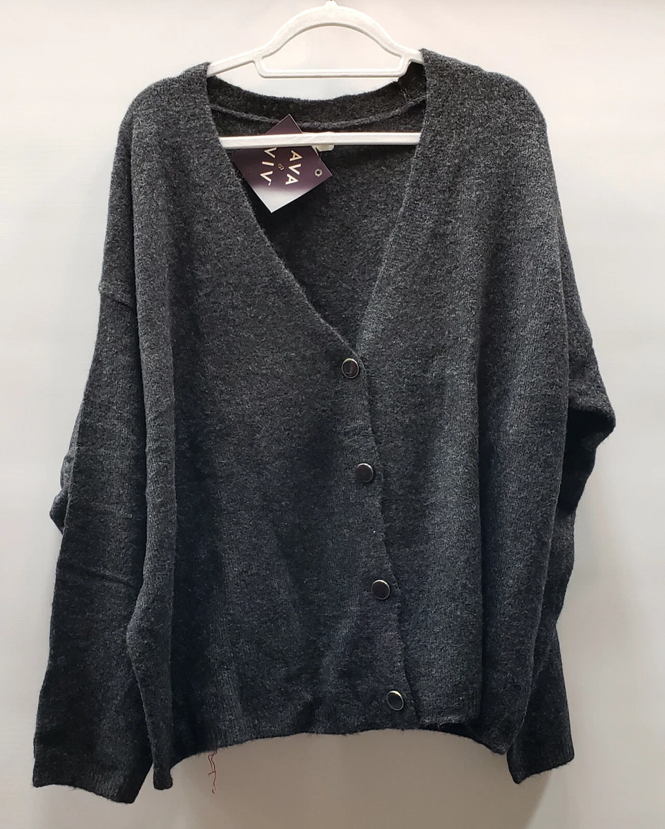 Ava Viv Plus Women Long Sleeve Button Cardigan Dark Heather Gray sweater 1X