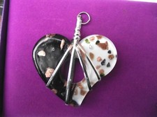 Black White Fused Glass Heart Penant Silver Tone Metal Structure Frame