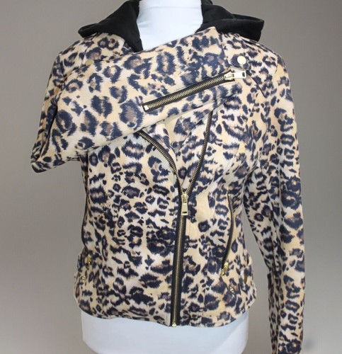 Aqua Leopard Faux Suede Moto Jacket Zip Out Hood Casual Leopard Coat Size Small - Bild 5 von 12