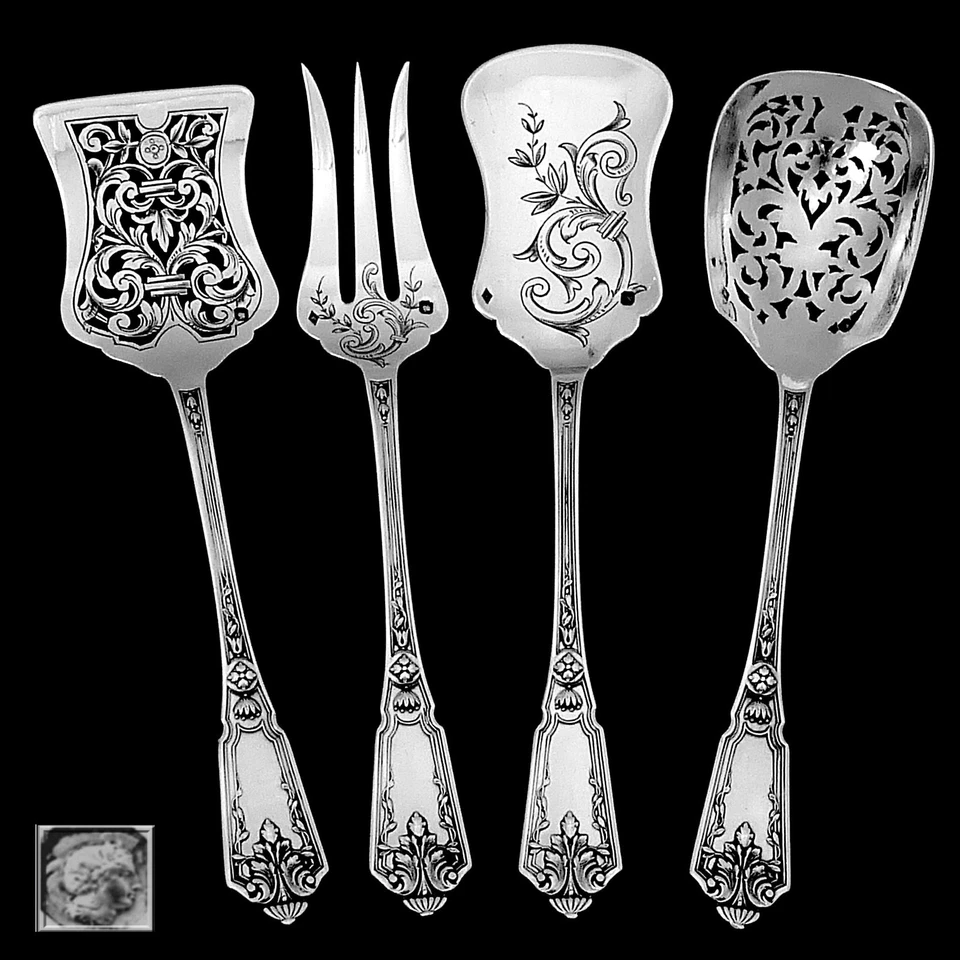 Juego de aperitivos de postre francés de plata de ley de 4 piezas, caja original, regencia Foto 2 de 4