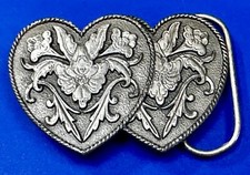 Double Dual Hearts Flower Design Cutout Vtg 1992 Belt Buckle by Siskiyou