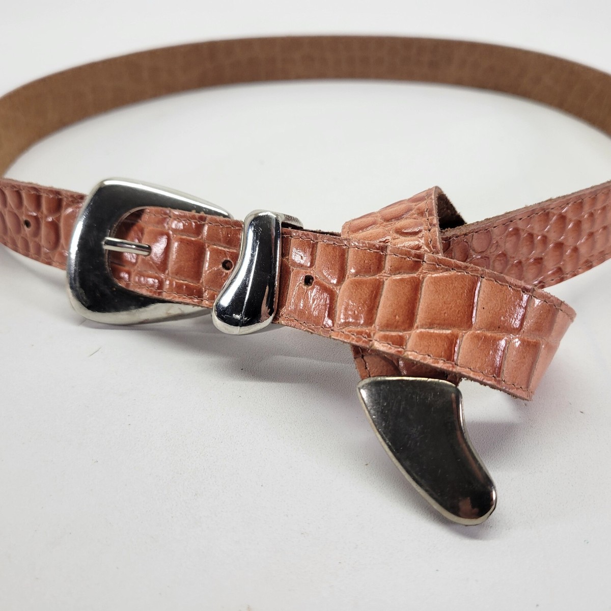 Omega Leather Belt 32 M L Alligator Croc Print Salmon Pink 