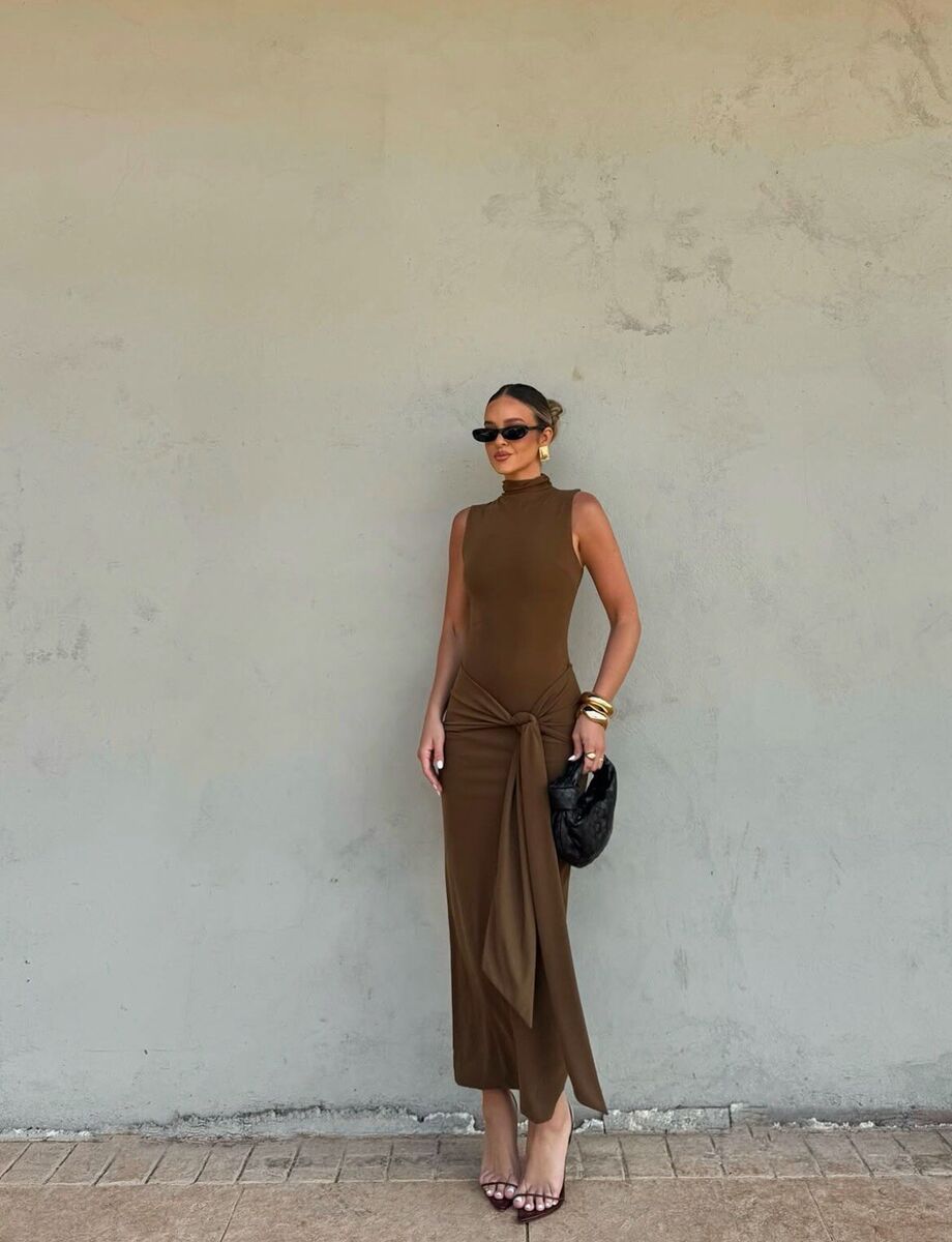 ZARA WOMAN S, M, MIDI DRESS WITH TIED KNOTTED ZW DARK TAN ZARA WOMAN S, M, MIDI DRESS WITH TIED KNOTTED ZW DARK TAN