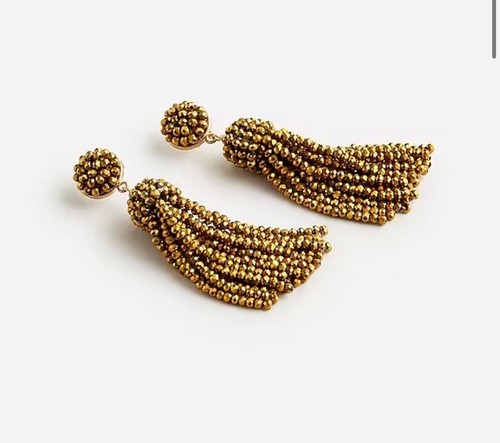J Crew Burnished Gold Faceted Glass Beaded Tassel Drop Statement Earrings NWT - Picture 2 of 14