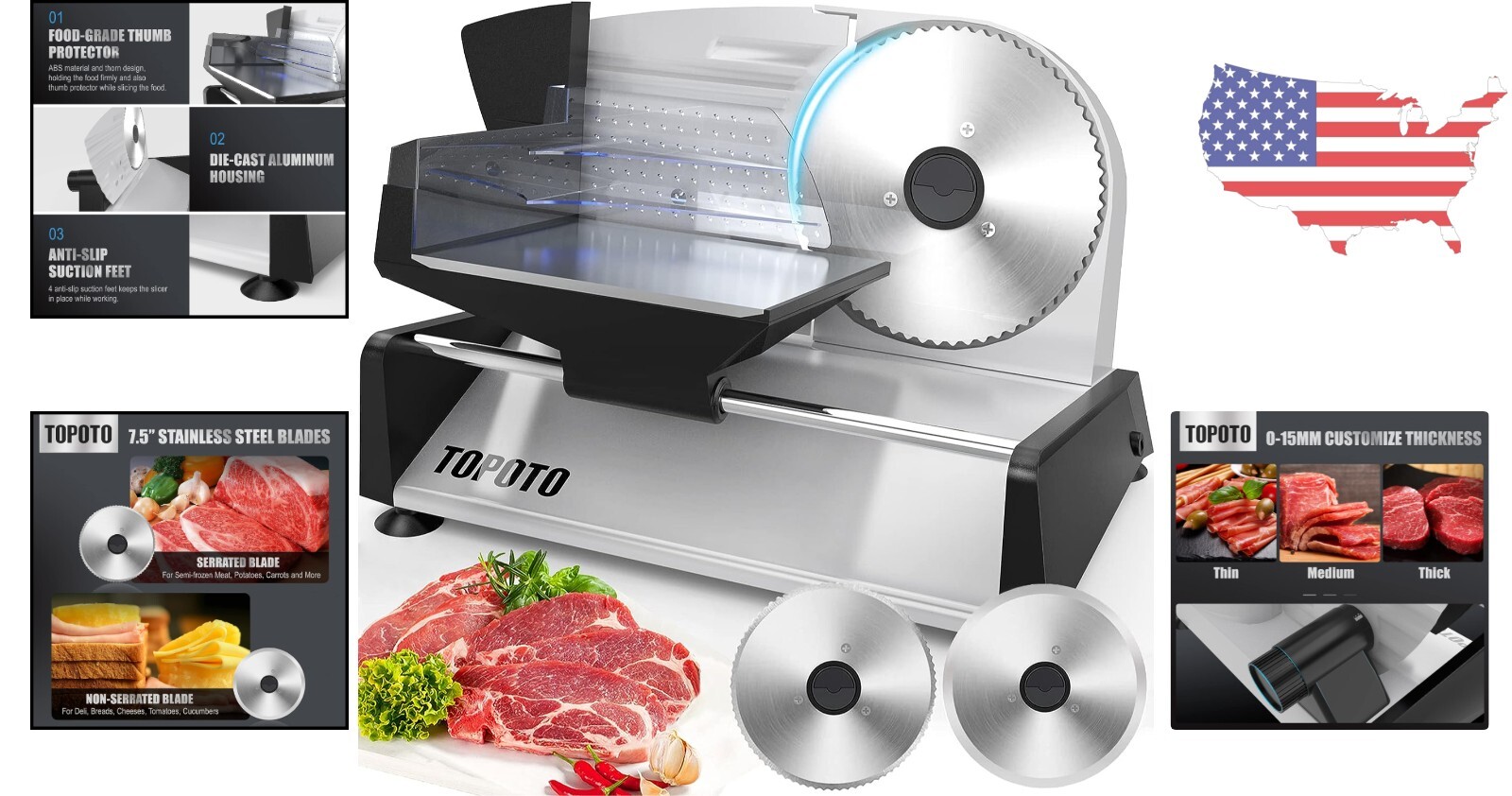 Meat Slicer Stainless Steel Blades, Adjustable Thickness Kitchen