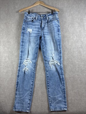 American Eagle Mens 29x30 Air Flex Plus Light Blue Slim Jean Distressed Holes