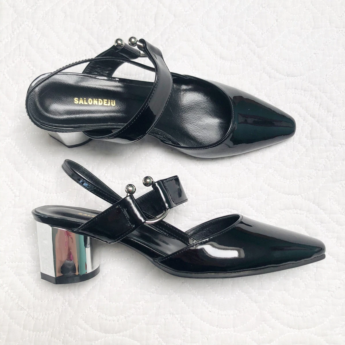 SALONDEJU Black Patent Leather Slingback Shoes Sandals Sz 36.5 Korea New No Box