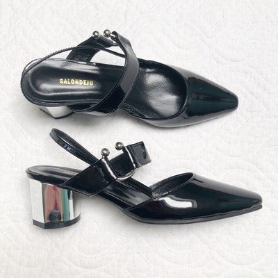 SALONDEJU Black Patent Leather Slingback Shoes Sandals Sz 36.5 