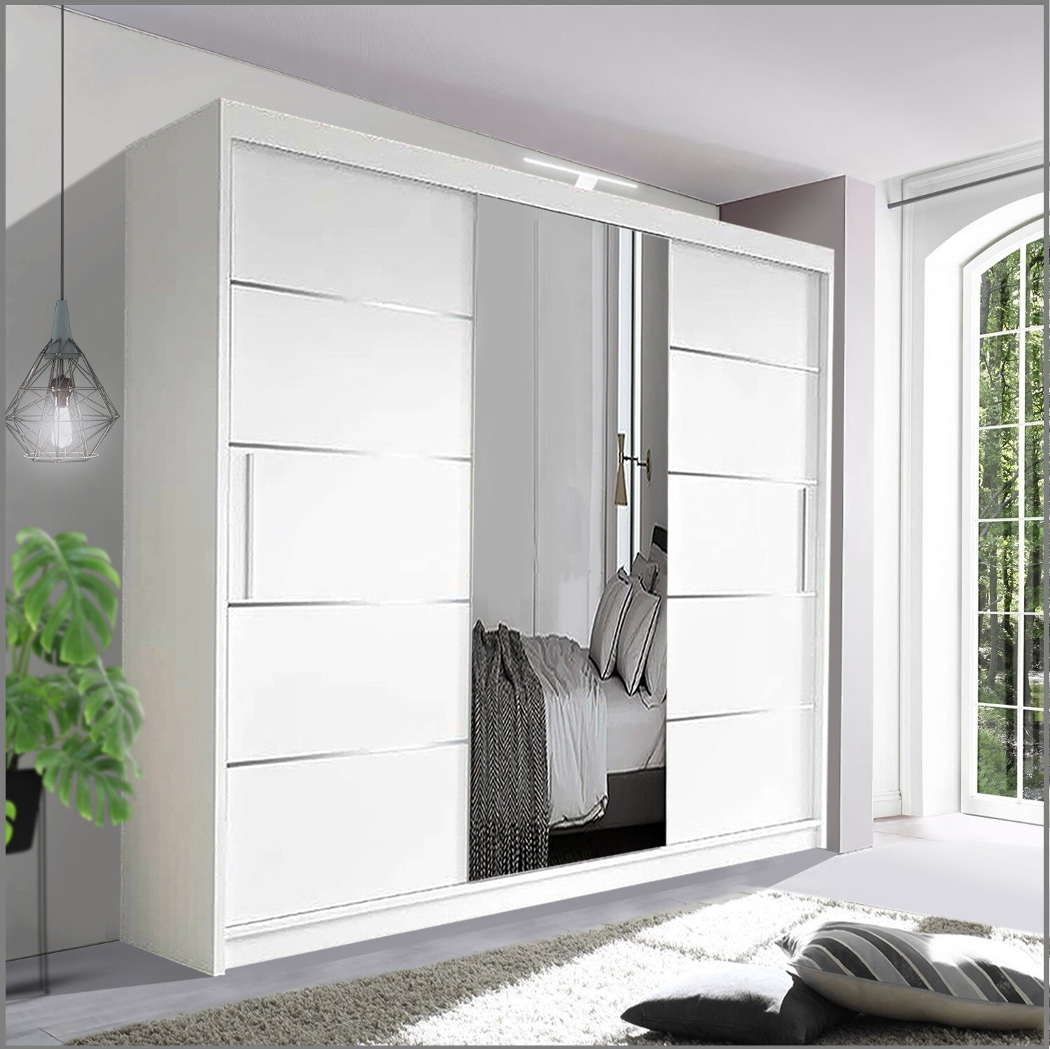 Modern Sliding Door Wardrobe with Built in Mirror for Bedroom or Living Room (150cm Wide) - Matt White & Matt White 41 Sleek Sliding Door Wardrobe with Center Mirror, LED Light, and Spacious Storage