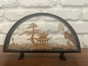 VINTAGE CHINESE SAN YOU DIORAMA CORK CARVING GLASS CASE PAGODA TREES & CRANES.