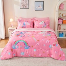 Pink Unicorn Comforter Set for Girls 7 Piece Cute Cartoon Bedding Set for Que...