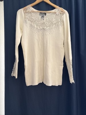 Oliver O Long Sleeve White Sweater With Lace Detail Size XL