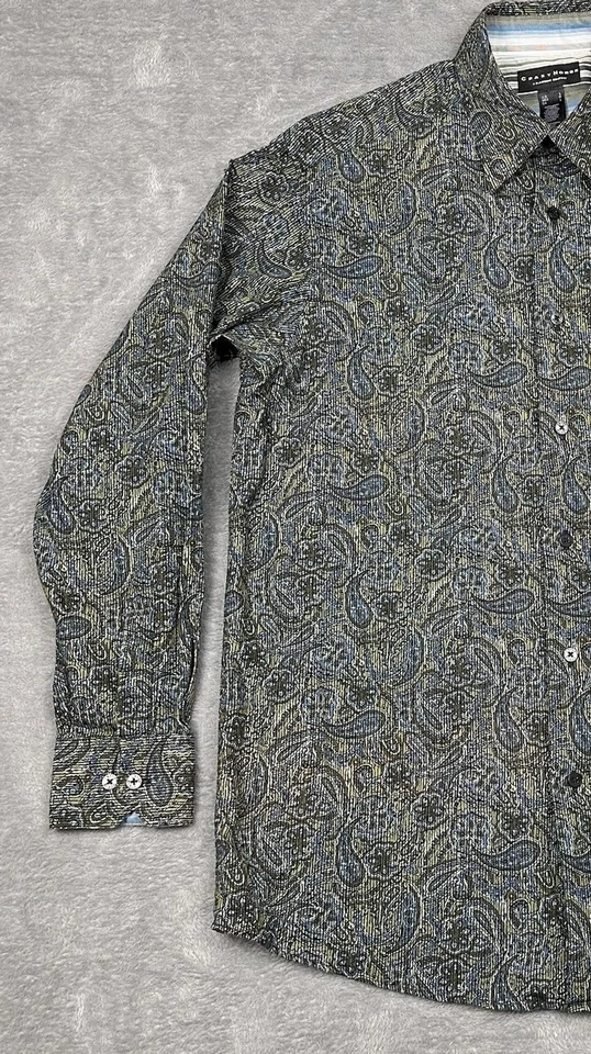 Crazy Horse Shirt Mens Large Blue Green Paisley Button Flip Cuff Casual Western - Image 4 of 4