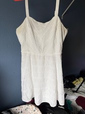 threepinkheart White dress womens eyelet lace flared a line sleeveless delicate