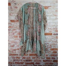 Umgee Mixed Print Kimono Women S/M Teal Floral Leopard Ruffle Wrap Coverup