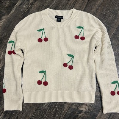 Cynthia Rowley Women's Sweater Cherry Design Medium Cream Pullover