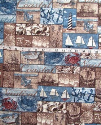1 1/2 yd Cotton Fabric ''Seaside Memories'' Ships, Seashells, Lighthouses Etc.