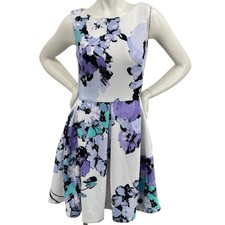 Taylor Women Floral White Purple Aqua Skater Mini Dress Pleated Pockets Slvlss 8