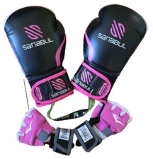Sanabul Pink & Black Boxing Gloves w/Meister Odor Blocker/Everlast Evergel SzM 