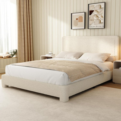 WEUP Queen Size Boucle Bed Frame, Modern Cream Bed Frame with Headboard, Soft Ro
