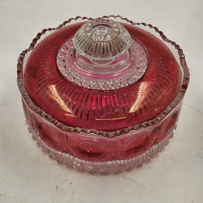 Manhattan Ruby Rose Powder Jar 1902 US Glass Cranberry Vanity Box Antique EAPG